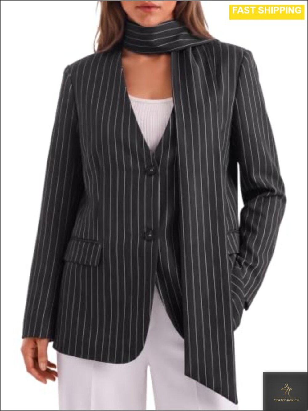 Women's Plaid Striped Fitted Blazer with Scarf V-Neck Business Casual Suit